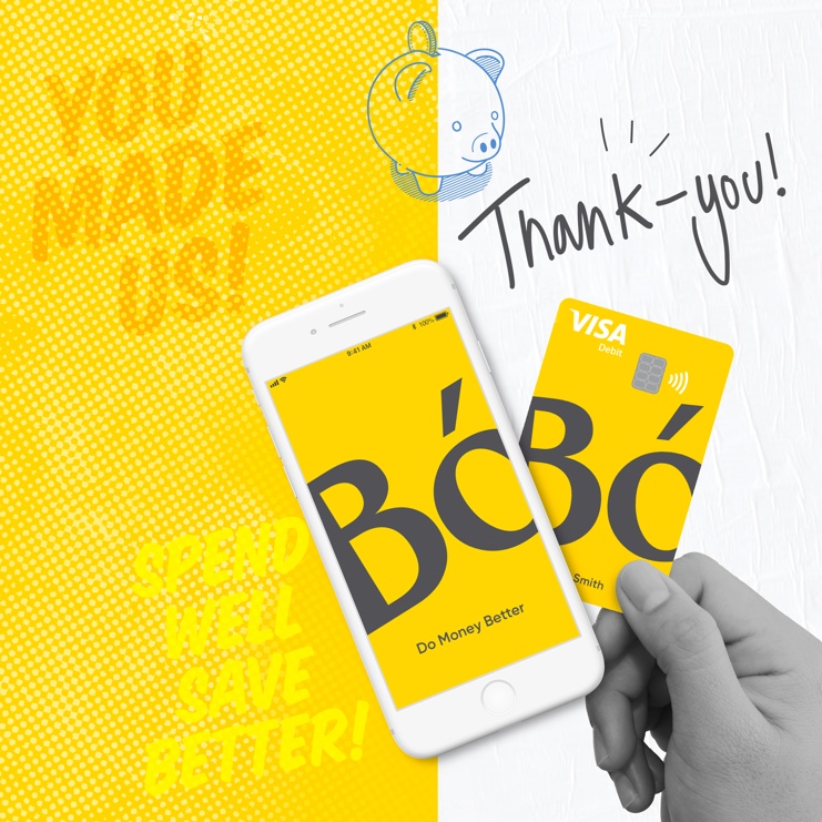 a banner image with a thank you message from Bó and an illustration of a piggy bank